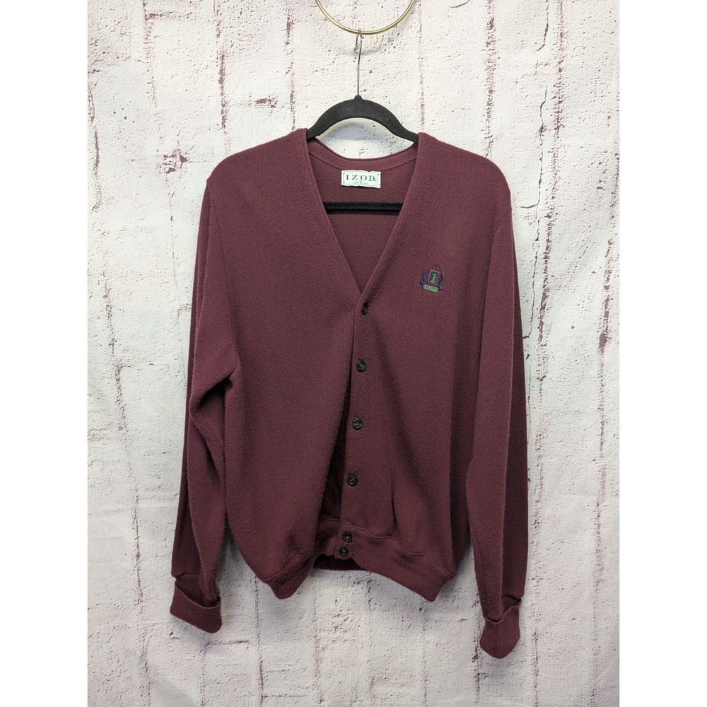 Vintage Izod Mens Sweater Cardigan Size M Medium Dark Red Maroon Grandpa USA